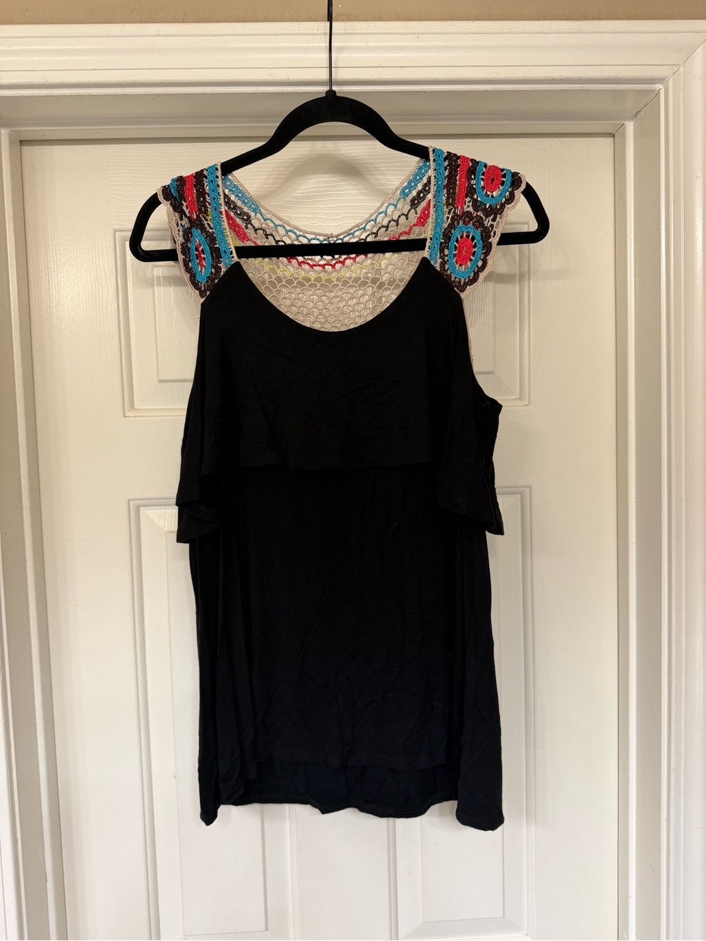 Women’s Black Cold-Shoulder Top with Multicolor Crochet Detail